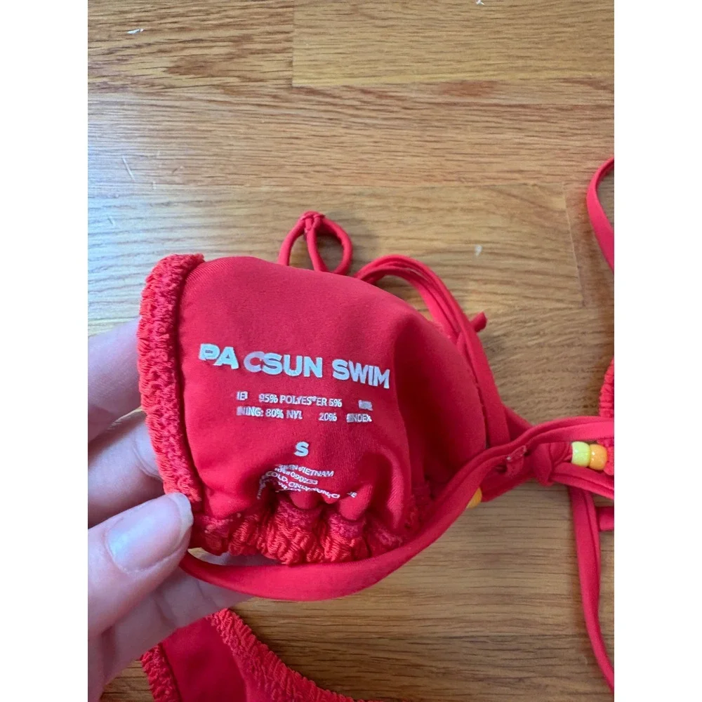 PacSun Swim Red Crinkle Smocked Triangle Bikini Set Beaded Ties Small